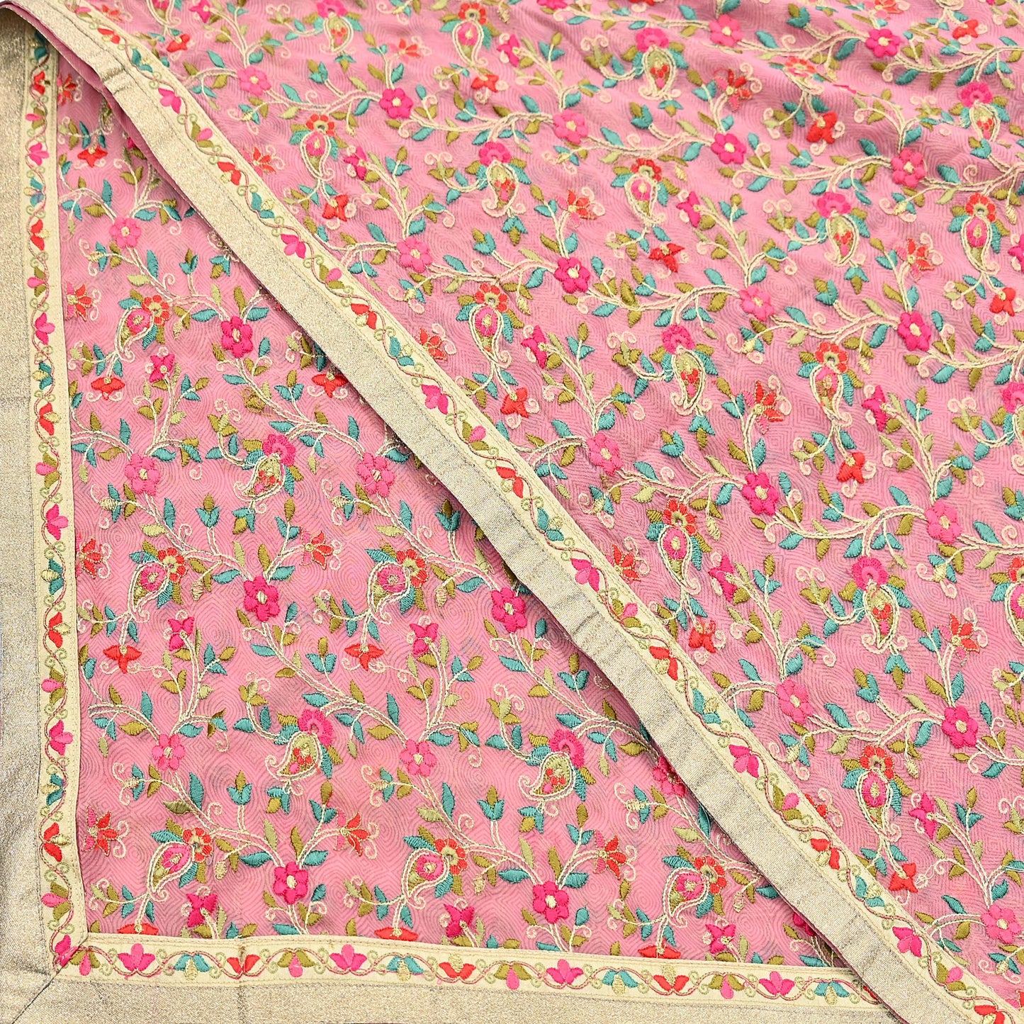 Indian Vintage Dupatta Pink Long Stole Pure Georgette Silk Embroidered Scarves Veil Hijab Floral Peacock