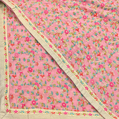 Indian Vintage Dupatta Pink Long Stole Pure Georgette Silk Embroidered Scarves Veil Hijab Floral Peacock