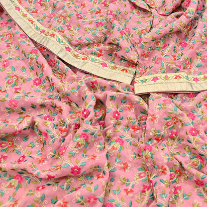 Indian Vintage Dupatta Pink Long Stole Pure Georgette Silk Embroidered Scarves Veil Hijab Floral Peacock