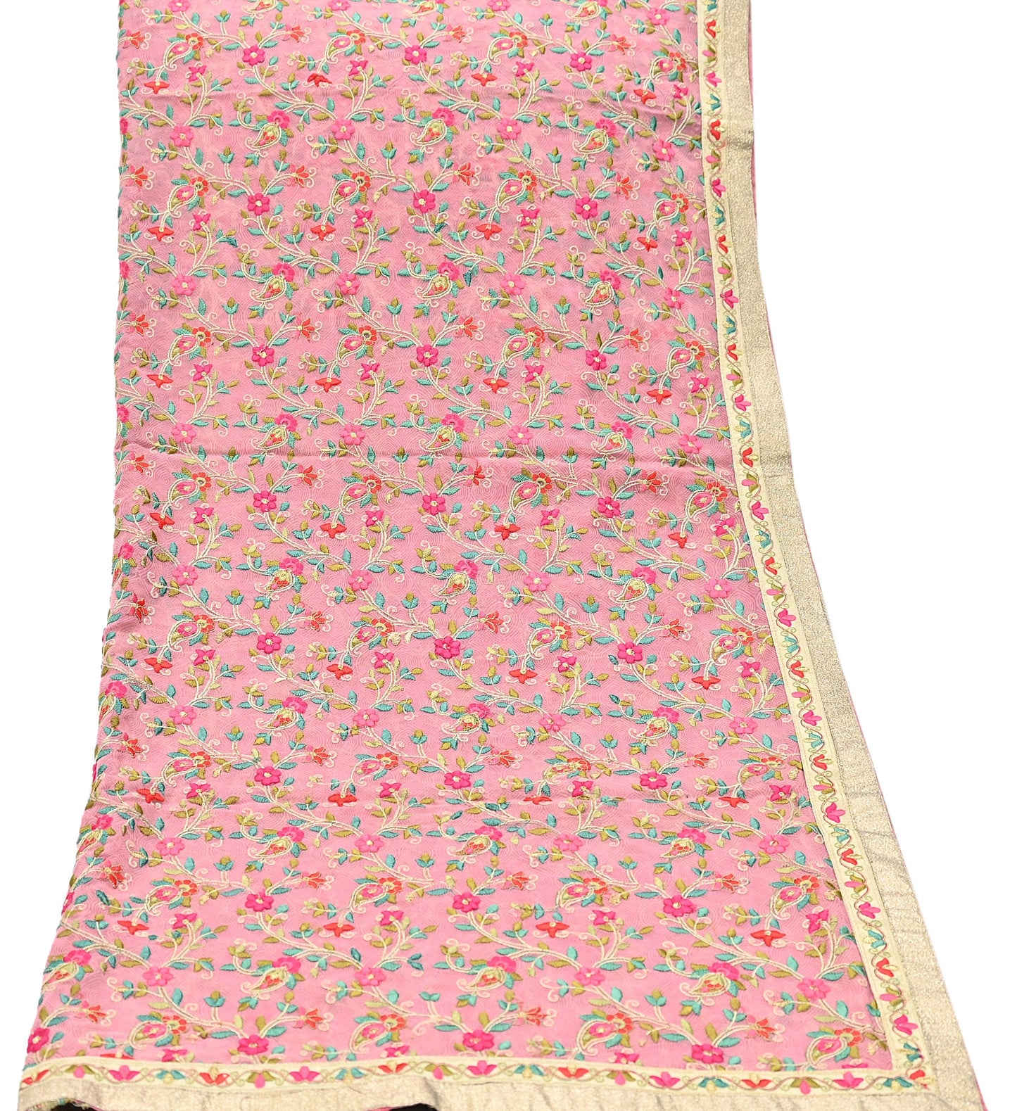 Indian Vintage Dupatta Pink Long Stole Pure Georgette Silk Embroidered Scarves Veil Hijab Floral Peacock