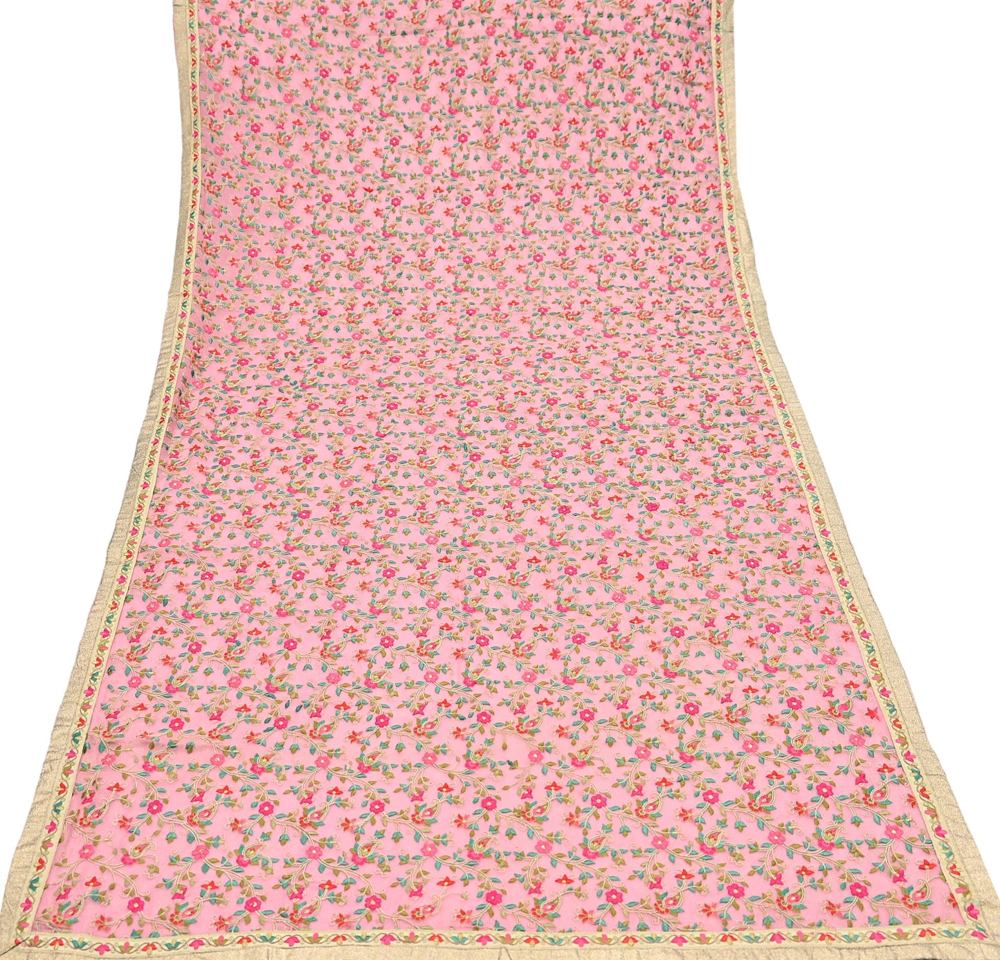 Indian Vintage Dupatta Pink Long Stole Pure Georgette Silk Embroidered Scarves Veil Hijab Floral Peacock