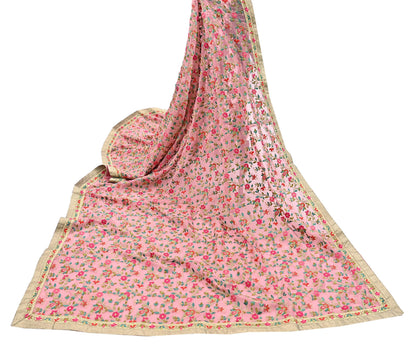 Indian Vintage Dupatta Pink Long Stole Pure Georgette Silk Embroidered Scarves Veil Hijab Floral Peacock
