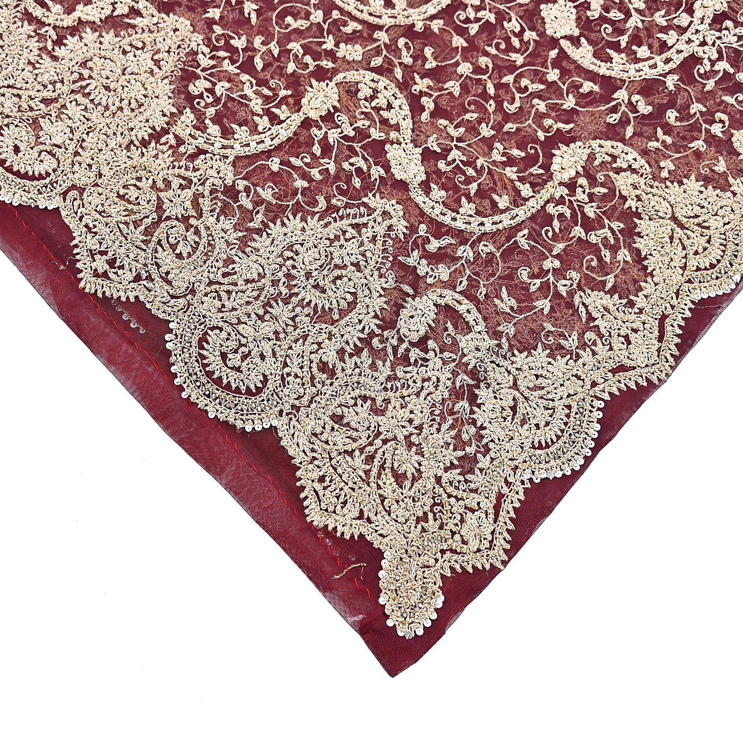 Indian Vintage Heavy Wedding Maroon Dupatta Net Mesh Long Stole Hand Embroidered Scarves Golden Zardozi Zari Sequins Dridal Veil Hijab