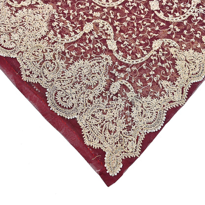 Indian Vintage Heavy Wedding Maroon Dupatta Net Mesh Long Stole Hand Embroidered Scarves Golden Zardozi Zari Sequins Dridal Veil Hijab