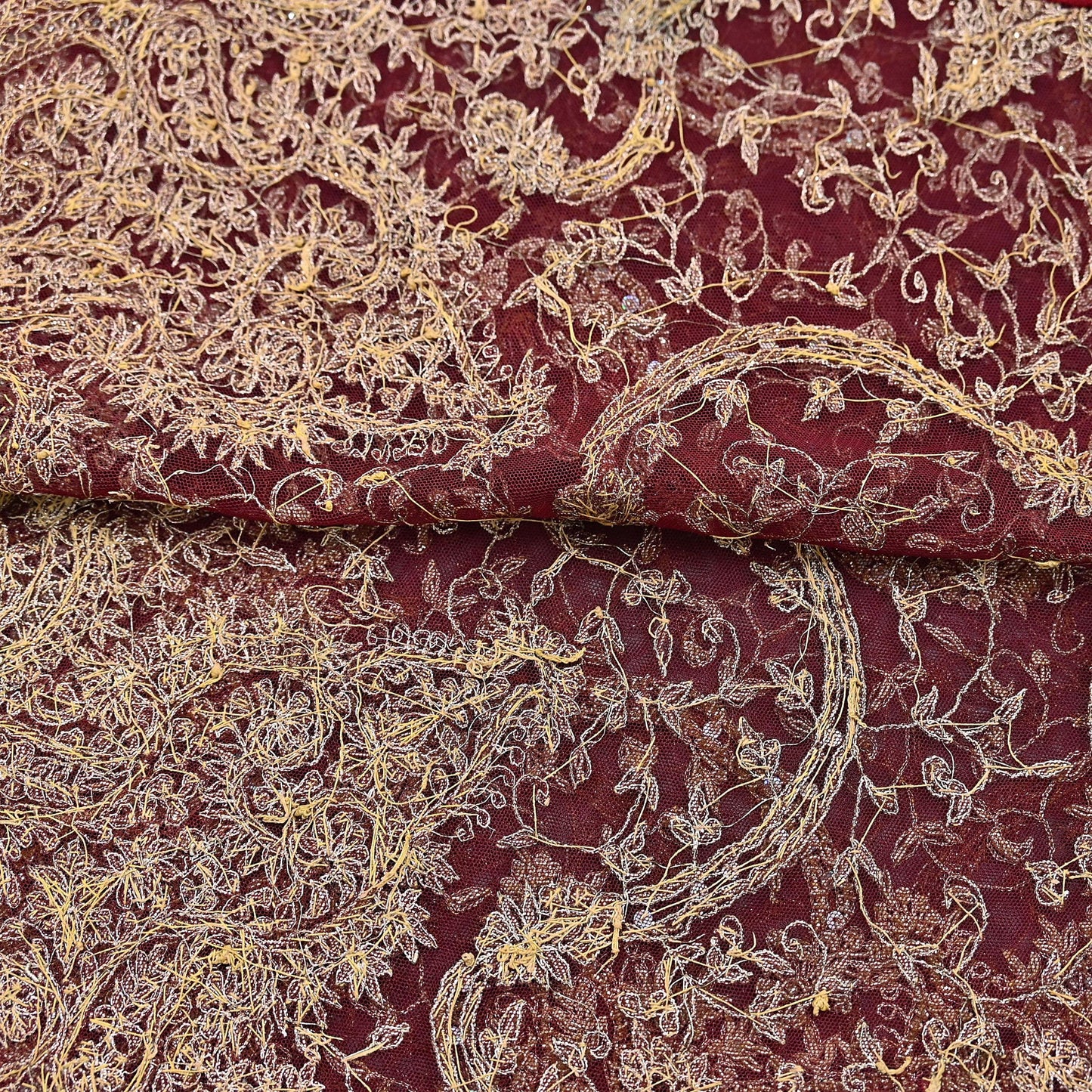Indian Vintage Heavy Wedding Maroon Dupatta Net Mesh Long Stole Hand Embroidered Scarves Golden Zardozi Zari Sequins Dridal Veil Hijab