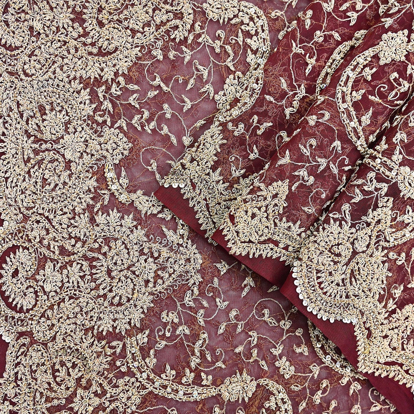 Indian Vintage Heavy Wedding Maroon Dupatta Net Mesh Long Stole Hand Embroidered Scarves Golden Zardozi Zari Sequins Dridal Veil Hijab