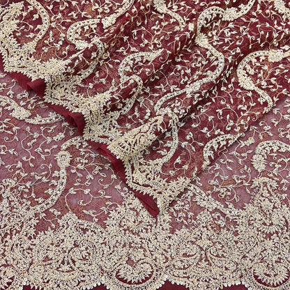 Indian Vintage Heavy Wedding Maroon Dupatta Net Mesh Long Stole Hand Embroidered Scarves Golden Zardozi Zari Sequins Dridal Veil Hijab
