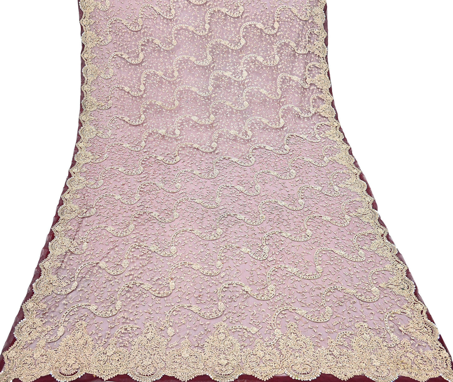 Indian Vintage Heavy Wedding Maroon Dupatta Net Mesh Long Stole Hand Embroidered Scarves Golden Zardozi Zari Sequins Dridal Veil Hijab