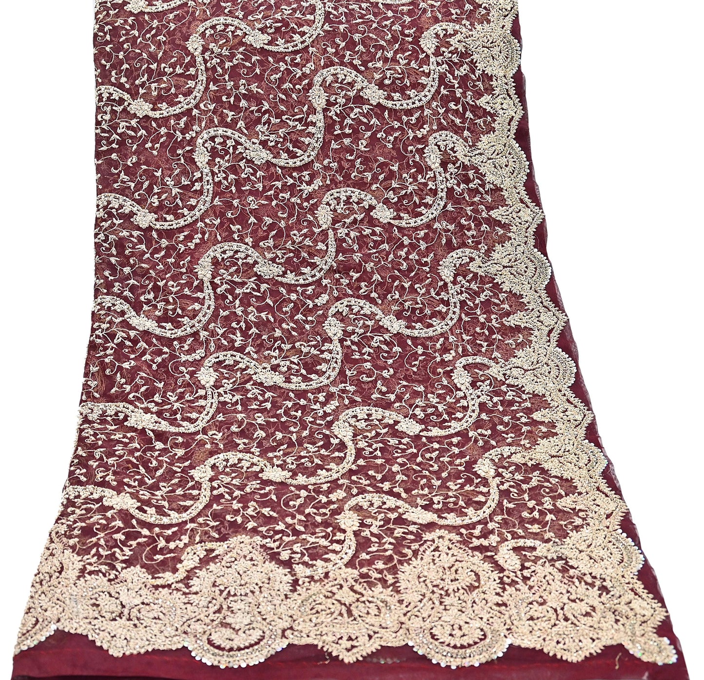 Indian Vintage Heavy Wedding Maroon Dupatta Net Mesh Long Stole Hand Embroidered Scarves Golden Zardozi Zari Sequins Dridal Veil Hijab