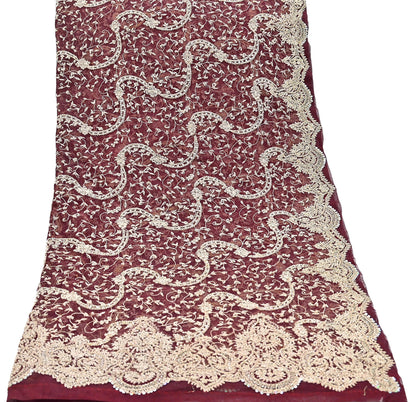 Indian Vintage Heavy Wedding Maroon Dupatta Net Mesh Long Stole Hand Embroidered Scarves Golden Zardozi Zari Sequins Dridal Veil Hijab