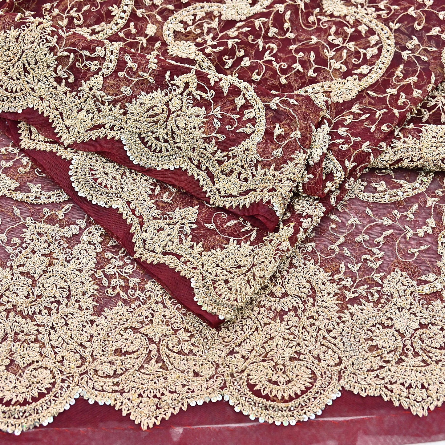 Indian Vintage Heavy Wedding Maroon Dupatta Net Mesh Long Stole Hand Embroidered Scarves Golden Zardozi Zari Sequins Dridal Veil Hijab