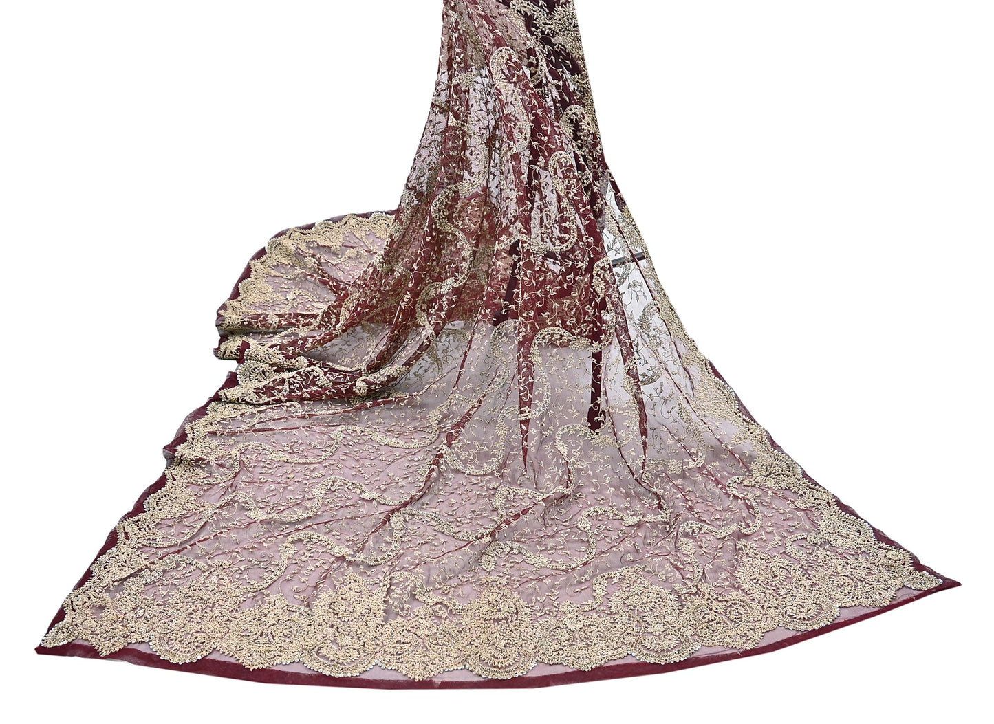 Indian Vintage Heavy Wedding Maroon Dupatta Net Mesh Long Stole Hand Embroidered Scarves Golden Zardozi Zari Sequins Dridal Veil Hijab
