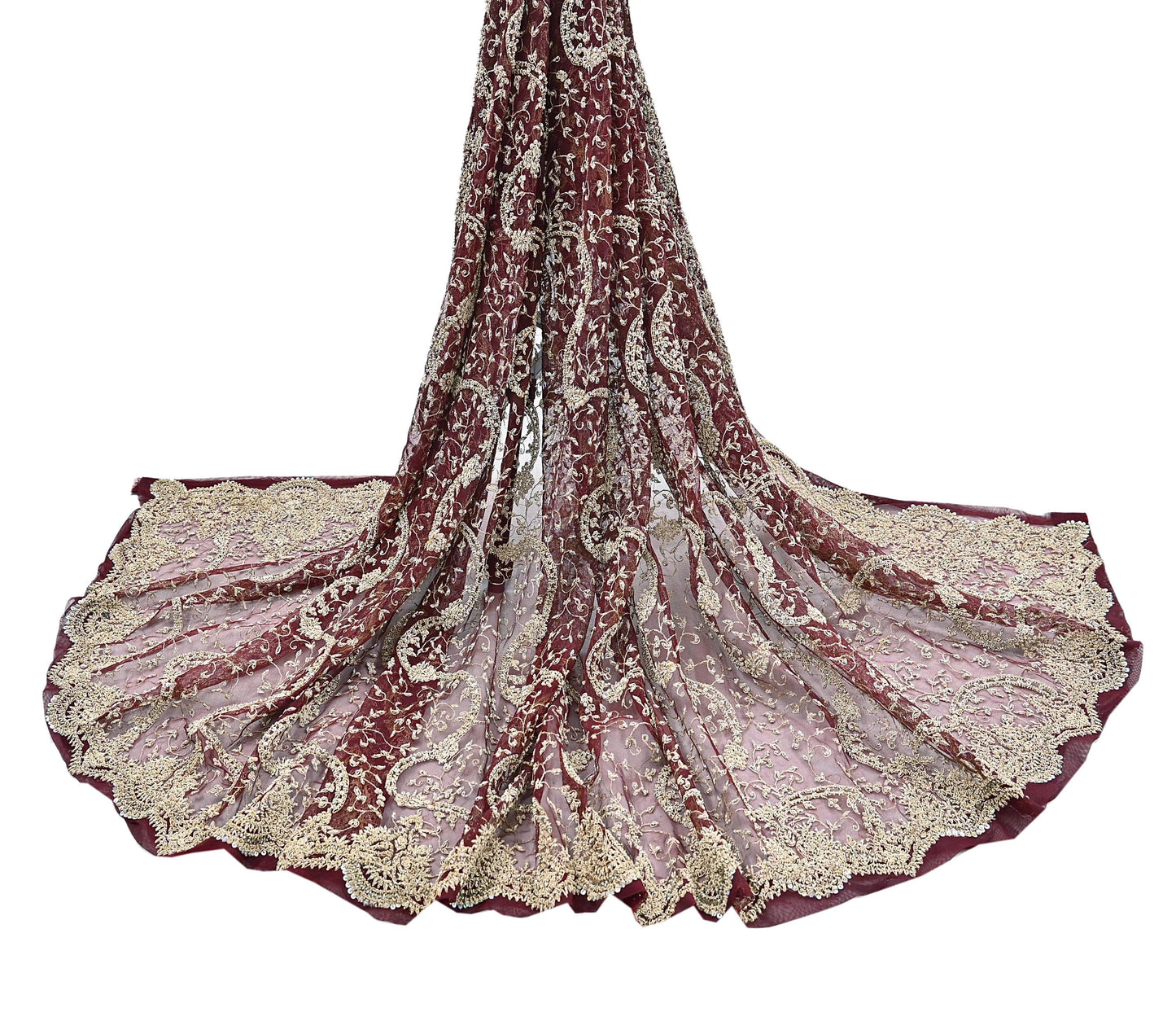 Indian Vintage Heavy Wedding Maroon Dupatta Net Mesh Long Stole Hand Embroidered Scarves Golden Zardozi Zari Sequins Dridal Veil Hijab