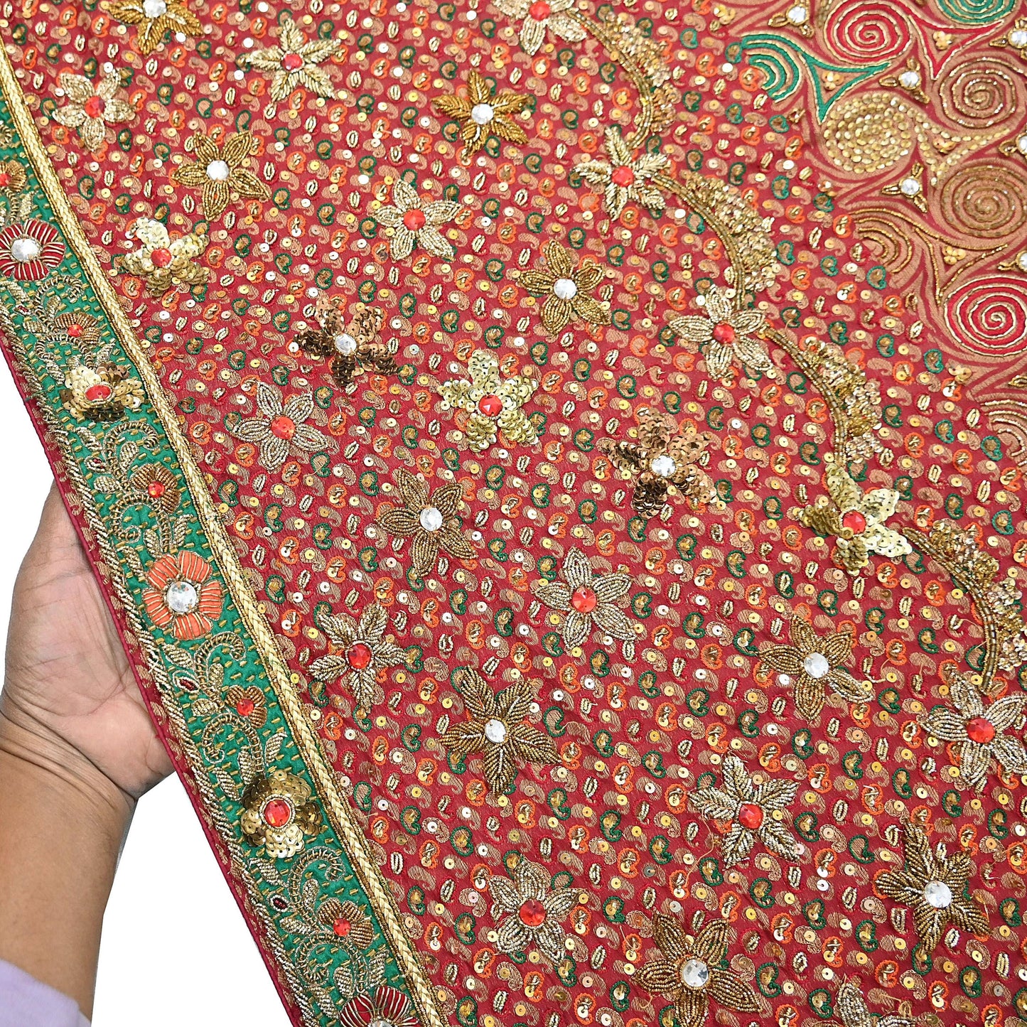 Indian Vintage Heavy Bridal Red Dupatta Pure Georgette Silk Long Stole Hand Embroidered Scarf Zardozi/Dabka Wedding red Hijab veil