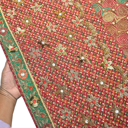 Indian Vintage Heavy Bridal Red Dupatta Pure Georgette Silk Long Stole Hand Embroidered Scarf Zardozi/Dabka Wedding red Hijab veil