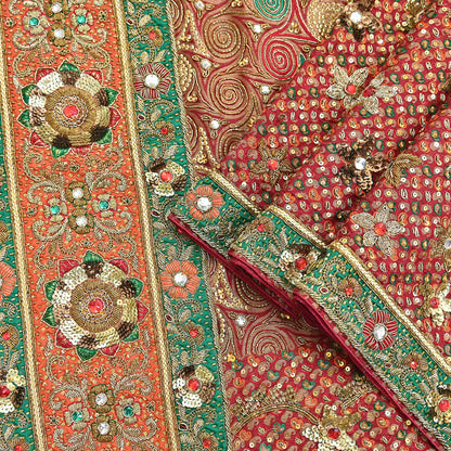 Indian Vintage Heavy Bridal Red Dupatta Pure Georgette Silk Long Stole Hand Embroidered Scarf Zardozi/Dabka Wedding red Hijab veil