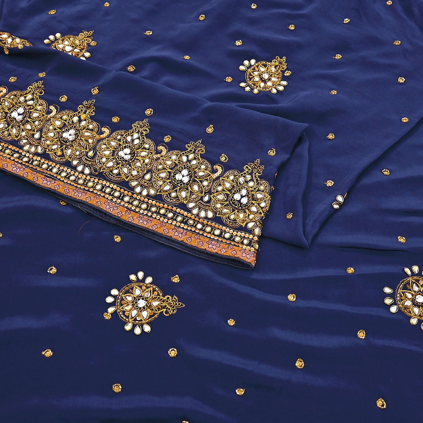 Indian Vintage Heavy Sari Blue Pure Crepe Silk Hand Embroidered Sarees Craft Fabric 5Yd Sewing Zardozi Dress making With Blouse Pcs