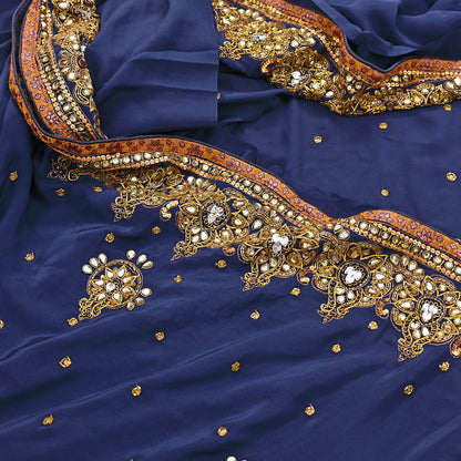 Indian Vintage Heavy Sari Blue Pure Crepe Silk Hand Embroidered Sarees Craft Fabric 5Yd Sewing Zardozi Dress making With Blouse Pcs