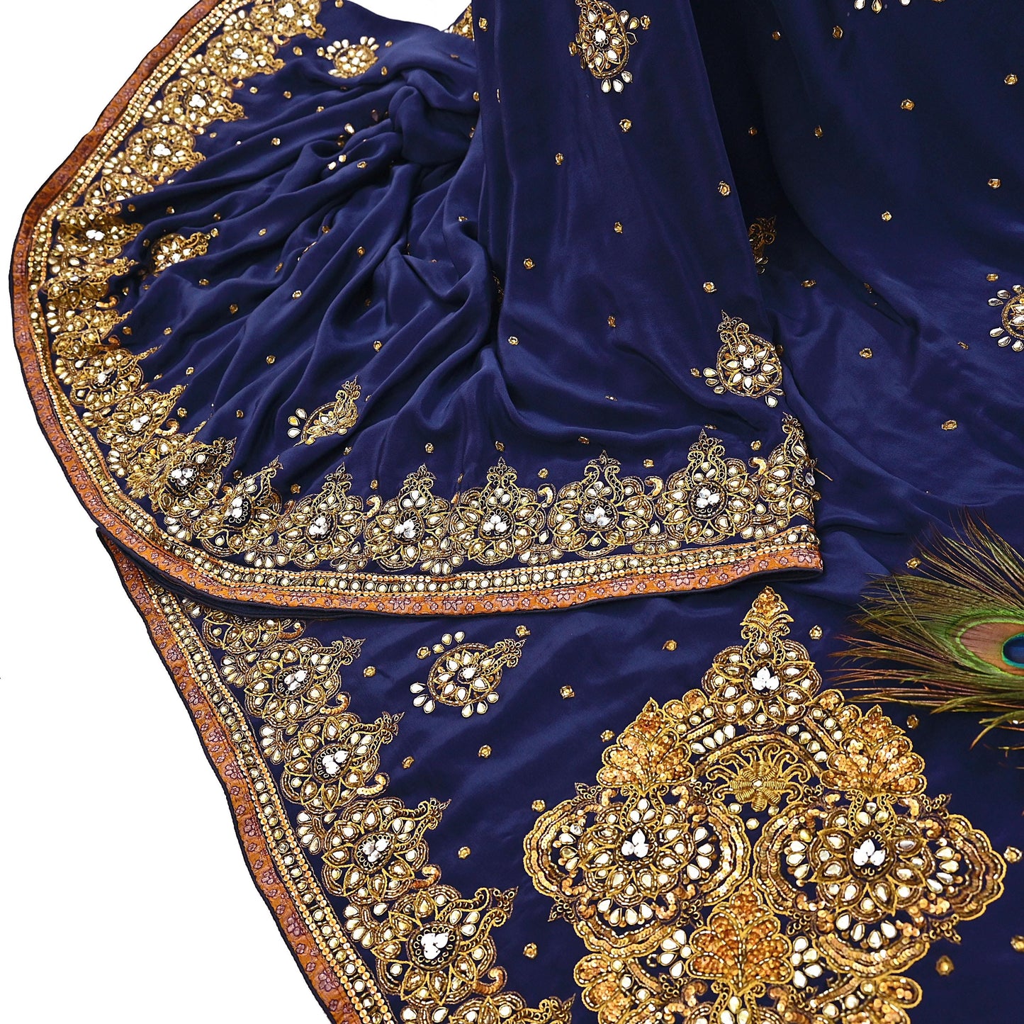 Indian Vintage Heavy Sari Blue Pure Crepe Silk Hand Embroidered Sarees Craft Fabric 5Yd Sewing Zardozi Dress making With Blouse Pcs