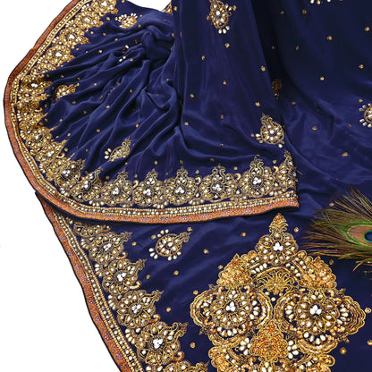 Indian Vintage Heavy Sari Blue Pure Crepe Silk Hand Embroidered Sarees Craft Fabric 5Yd Sewing Zardozi Dress making With Blouse Pcs