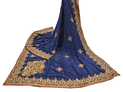 Indian Vintage Heavy Sari Blue Pure Crepe Silk Hand Embroidered Sarees Craft Fabric 5Yd Sewing Zardozi Dress making With Blouse Pcs