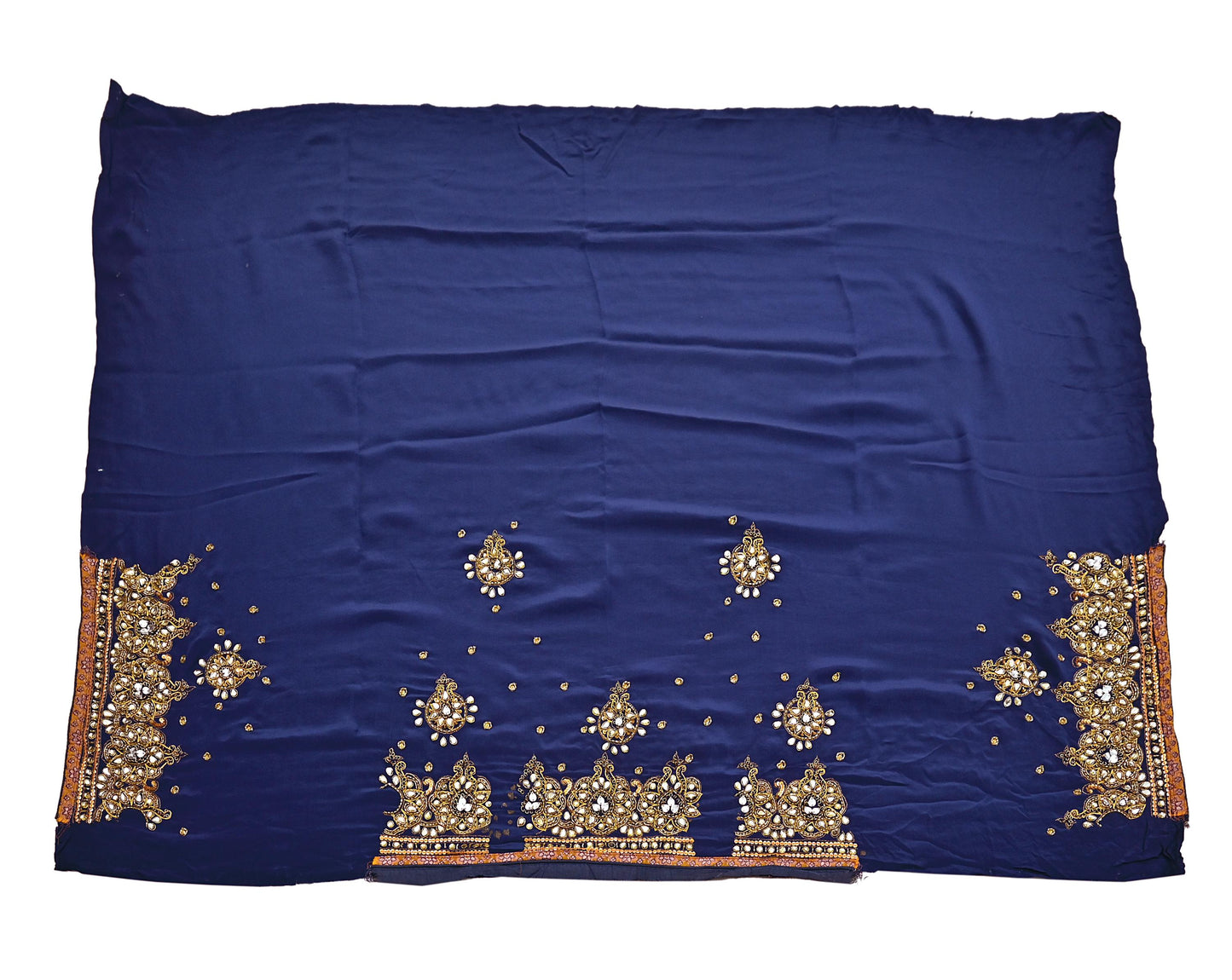 Indian Vintage Heavy Sari Blue Pure Crepe Silk Hand Embroidered Sarees Craft Fabric 5Yd Sewing Zardozi Dress making With Blouse Pcs