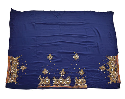 Indian Vintage Heavy Sari Blue Pure Crepe Silk Hand Embroidered Sarees Craft Fabric 5Yd Sewing Zardozi Dress making With Blouse Pcs