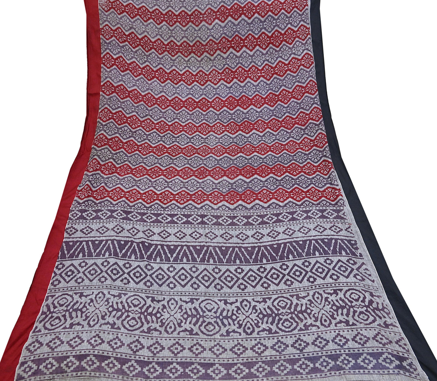 Indian Vintage Red, gray & purple Printed Pure Cotton Saree 5 Yards Soft Fabric for Sewing, Crafting, Quilting, Upcycling, Dressmaking, Boho