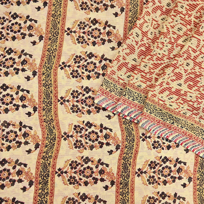 Indian Vintage Sari Red & Beige Printed 100% Pure Cotton Sarees Craft Fabric 5Yard Sewing Sarong Wrap Boho Floral Dress making Quilting Soft