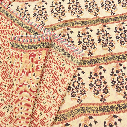 Indian Vintage Sari Red & Beige Printed 100% Pure Cotton Sarees Craft Fabric 5Yard Sewing Sarong Wrap Boho Floral Dress making Quilting Soft