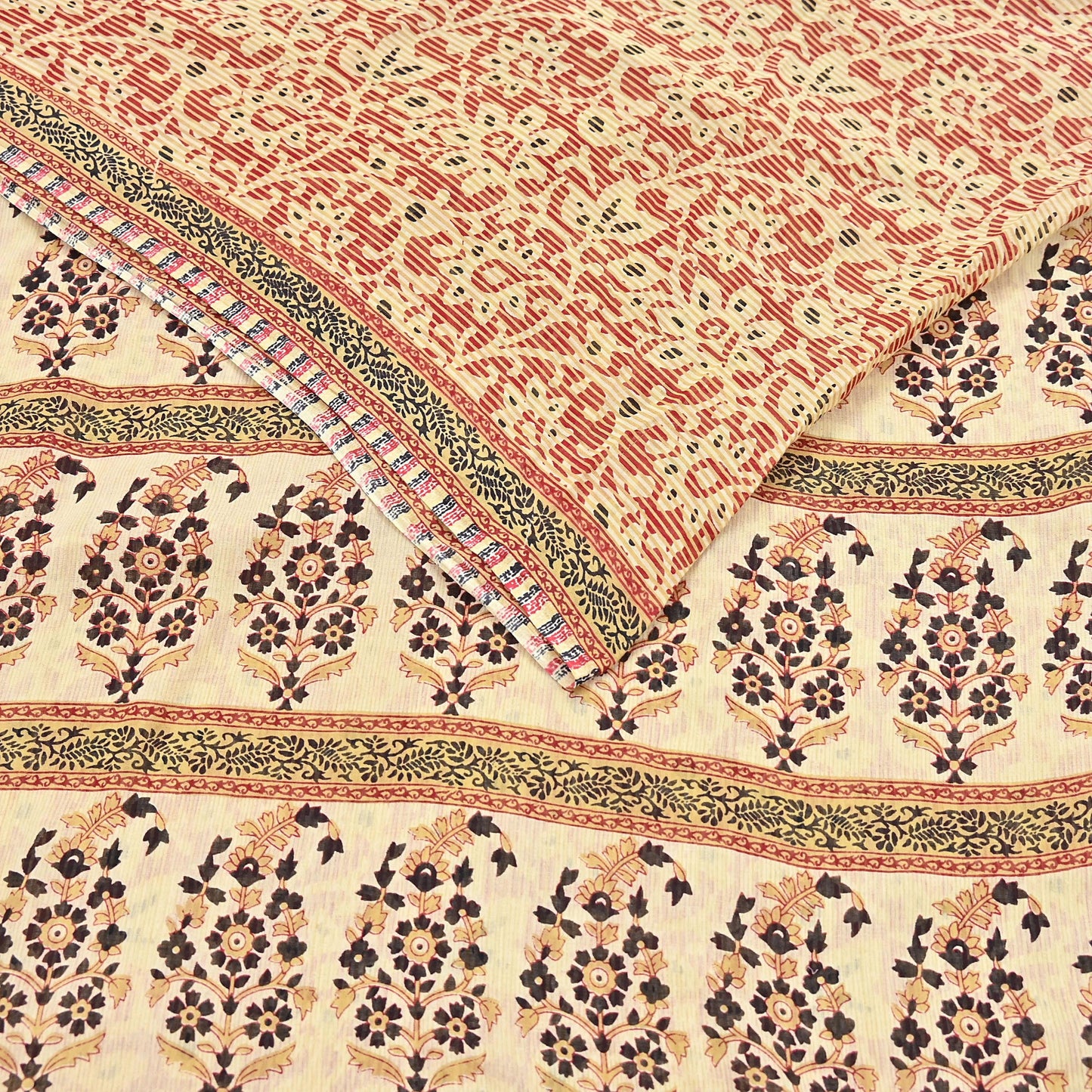 Indian Vintage Sari Red & Beige Printed 100% Pure Cotton Sarees Craft Fabric 5Yard Sewing Sarong Wrap Boho Floral Dress making Quilting Soft