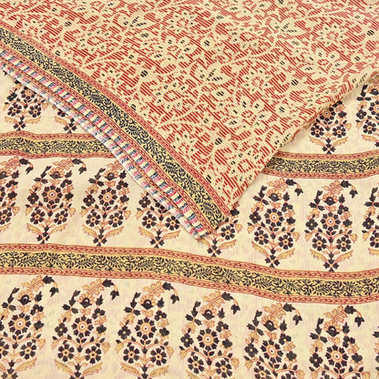 Indian Vintage Sari Red & Beige Printed 100% Pure Cotton Sarees Craft Fabric 5Yard Sewing Sarong Wrap Boho Floral Dress making Quilting Soft