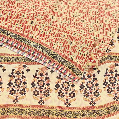 Indian Vintage Sari Red & Beige Printed 100% Pure Cotton Sarees Craft Fabric 5Yard Sewing Sarong Wrap Boho Floral Dress making Quilting Soft