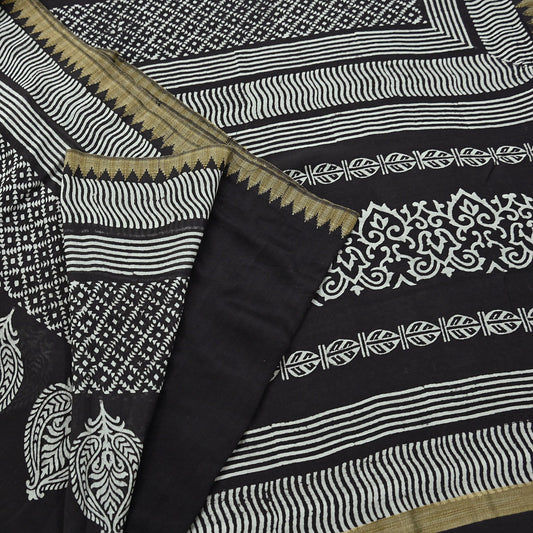 Indian Vintage Black Block Printed Pure Chanderi Silk Saree Floral woven Border 5 Yards Soft Craft Fabric for Upcycling, Dressmaking,