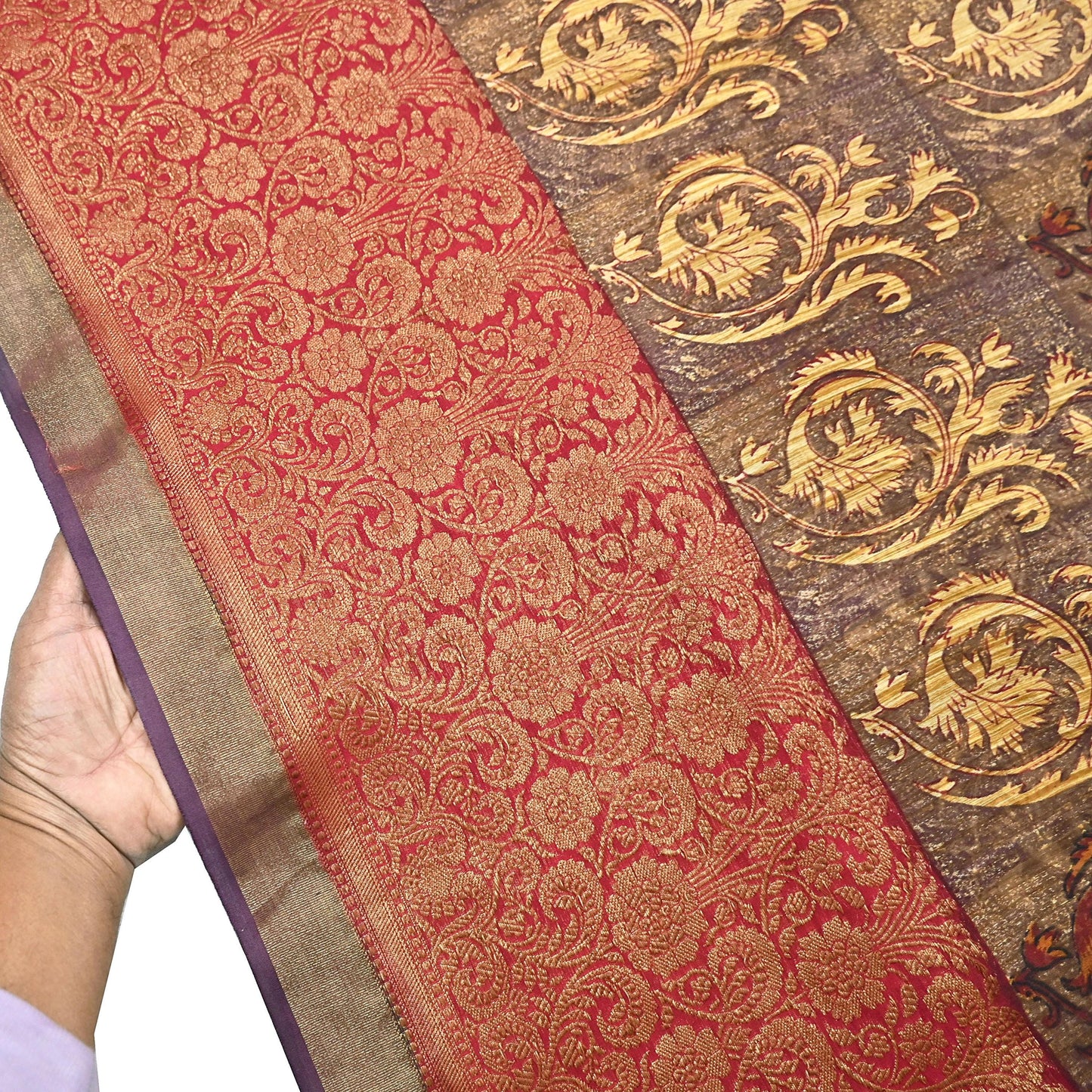 Indian Vintage Sari Brown beige chanderi Silk block Printed Saree 5Yd Fabric Floral Soft Zari Border Ethnic Upcycle Crafting Dress making