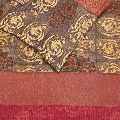 Indian Vintage Sari Brown beige chanderi Silk block Printed Saree 5Yd Fabric Floral Soft Zari Border Ethnic Upcycle Crafting Dress making