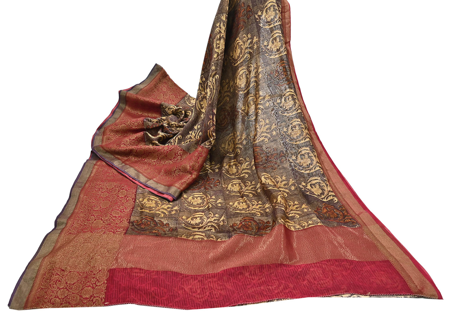 Indian Vintage Sari Brown beige chanderi Silk block Printed Saree 5Yd Fabric Floral Soft Zari Border Ethnic Upcycle Crafting Dress making