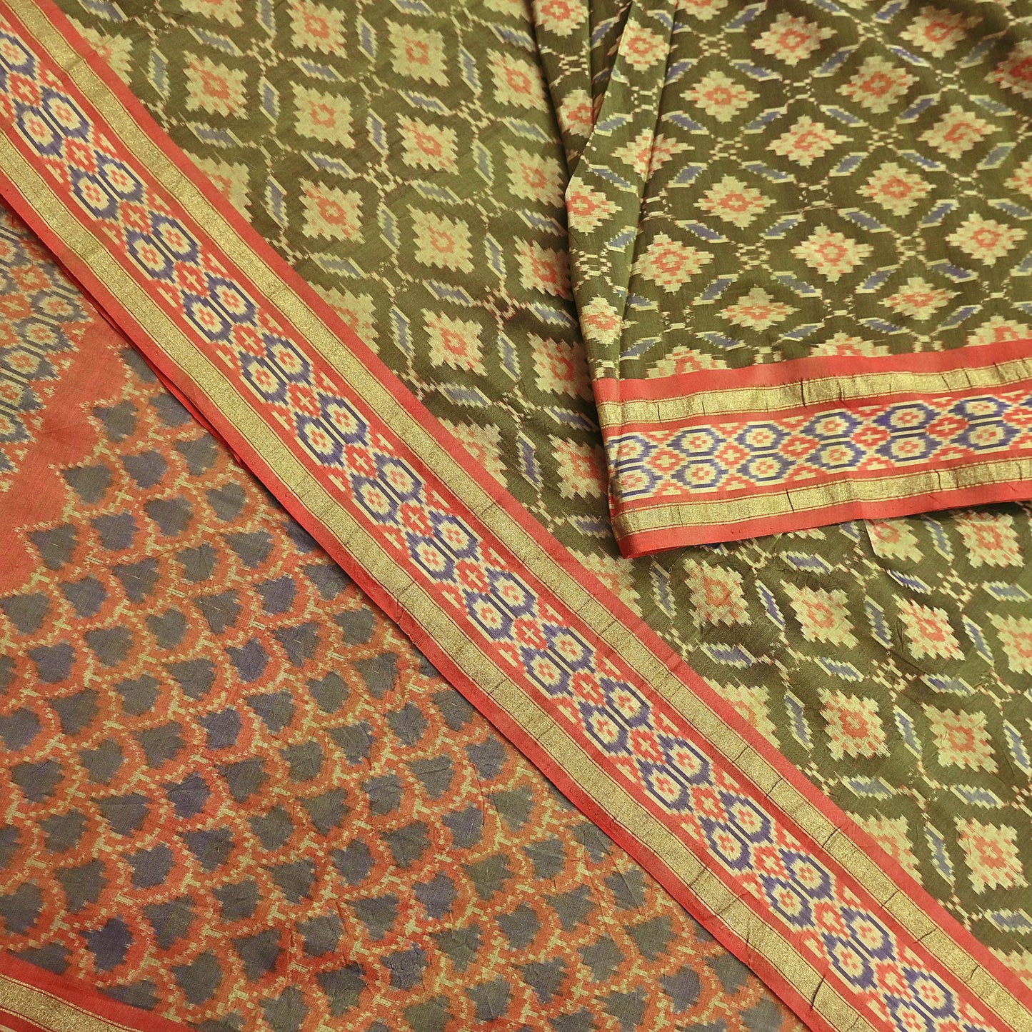 Indian Vintage Saree Green & orange Pure Silk Hand Woven Ikat Sari Craft Fabric 5Yard Dress Making Ethnic Premium Saree Quilting Crafting