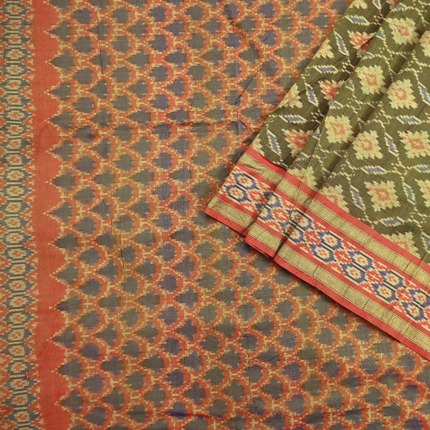 Indian Vintage Saree Green & orange Pure Silk Hand Woven Ikat Sari Craft Fabric 5Yard Dress Making Ethnic Premium Saree Quilting Crafting