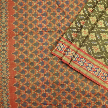 Indian Vintage Saree Green & orange Pure Silk Hand Woven Ikat Sari Craft Fabric 5Yard Dress Making Ethnic Premium Saree Quilting Crafting
