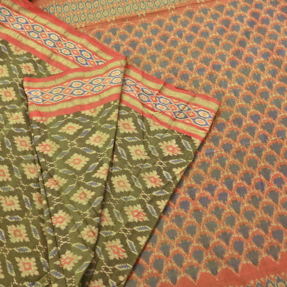 Indian Vintage Saree Green & orange Pure Silk Hand Woven Ikat Sari Craft Fabric 5Yard Dress Making Ethnic Premium Saree Quilting Crafting