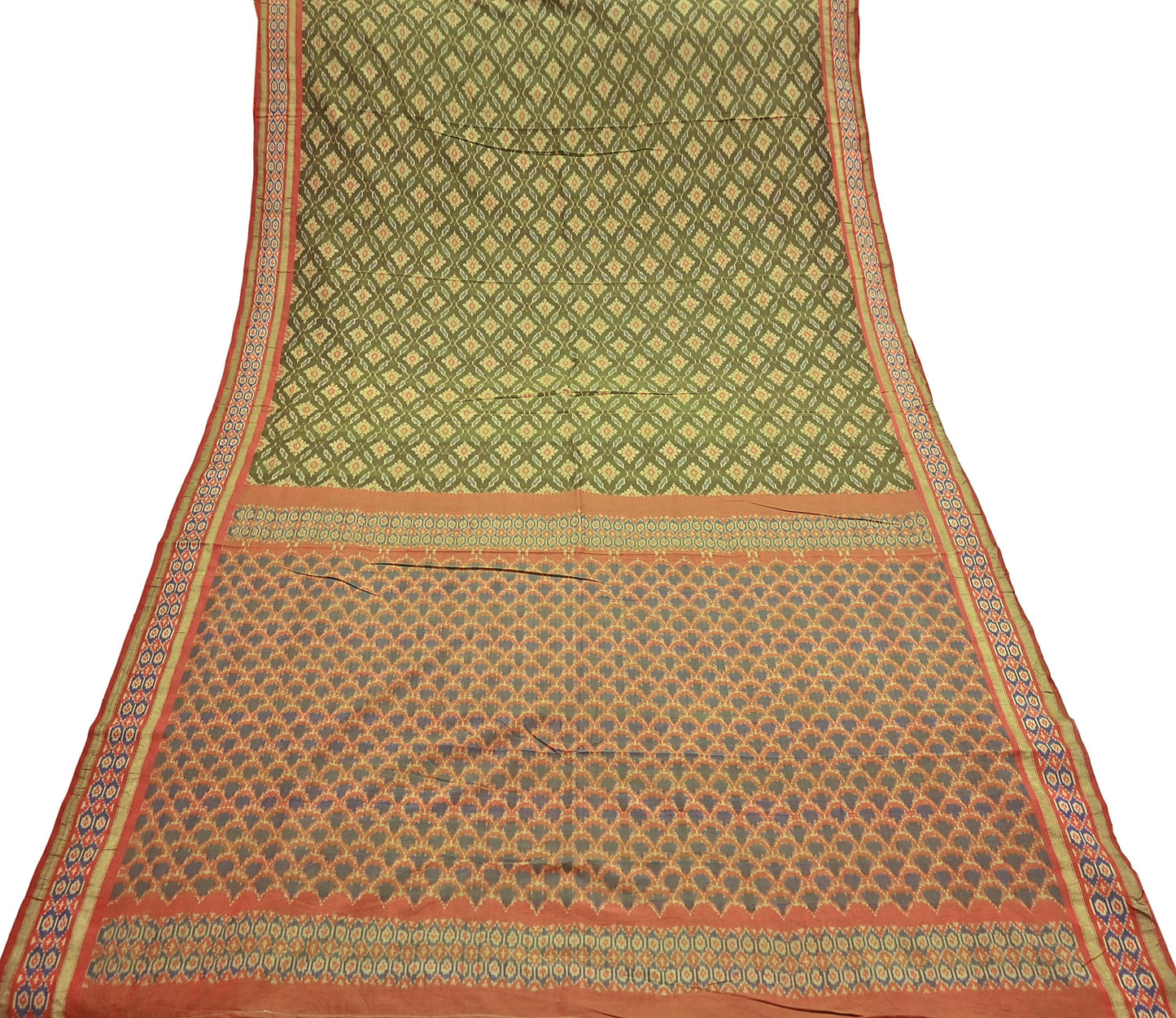 Indian Vintage Saree Green & orange Pure Silk Hand Woven Ikat Sari Craft Fabric 5Yard Dress Making Ethnic Premium Saree Quilting Crafting