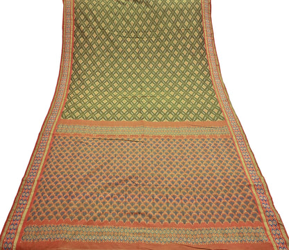 Indian Vintage Saree Green & orange Pure Silk Hand Woven Ikat Sari Craft Fabric 5Yard Dress Making Ethnic Premium Saree Quilting Crafting