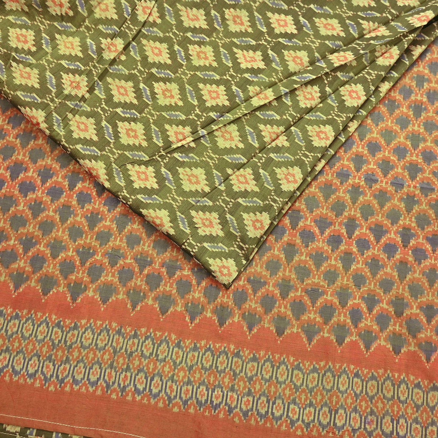 Indian Vintage Saree Green & orange Pure Silk Hand Woven Ikat Sari Craft Fabric 5Yard Dress Making Ethnic Premium Saree Quilting Crafting