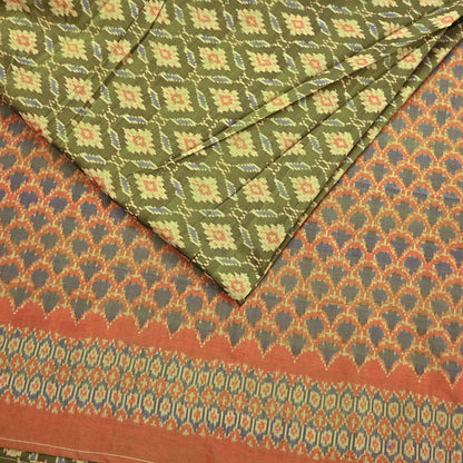 Indian Vintage Saree Green & orange Pure Silk Hand Woven Ikat Sari Craft Fabric 5Yard Dress Making Ethnic Premium Saree Quilting Crafting