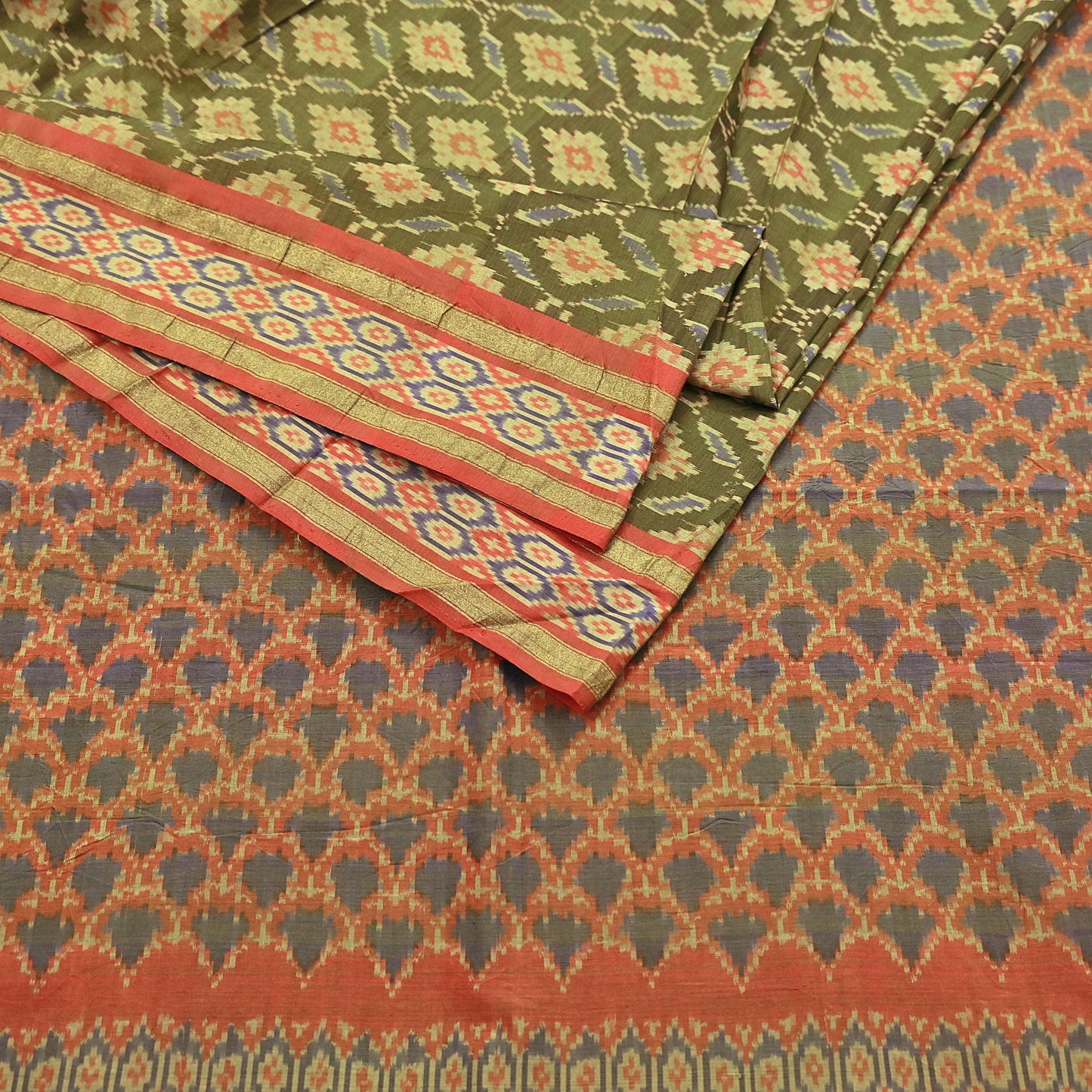 Indian Vintage Saree Green & orange Pure Silk Hand Woven Ikat Sari Craft Fabric 5Yard Dress Making Ethnic Premium Saree Quilting Crafting