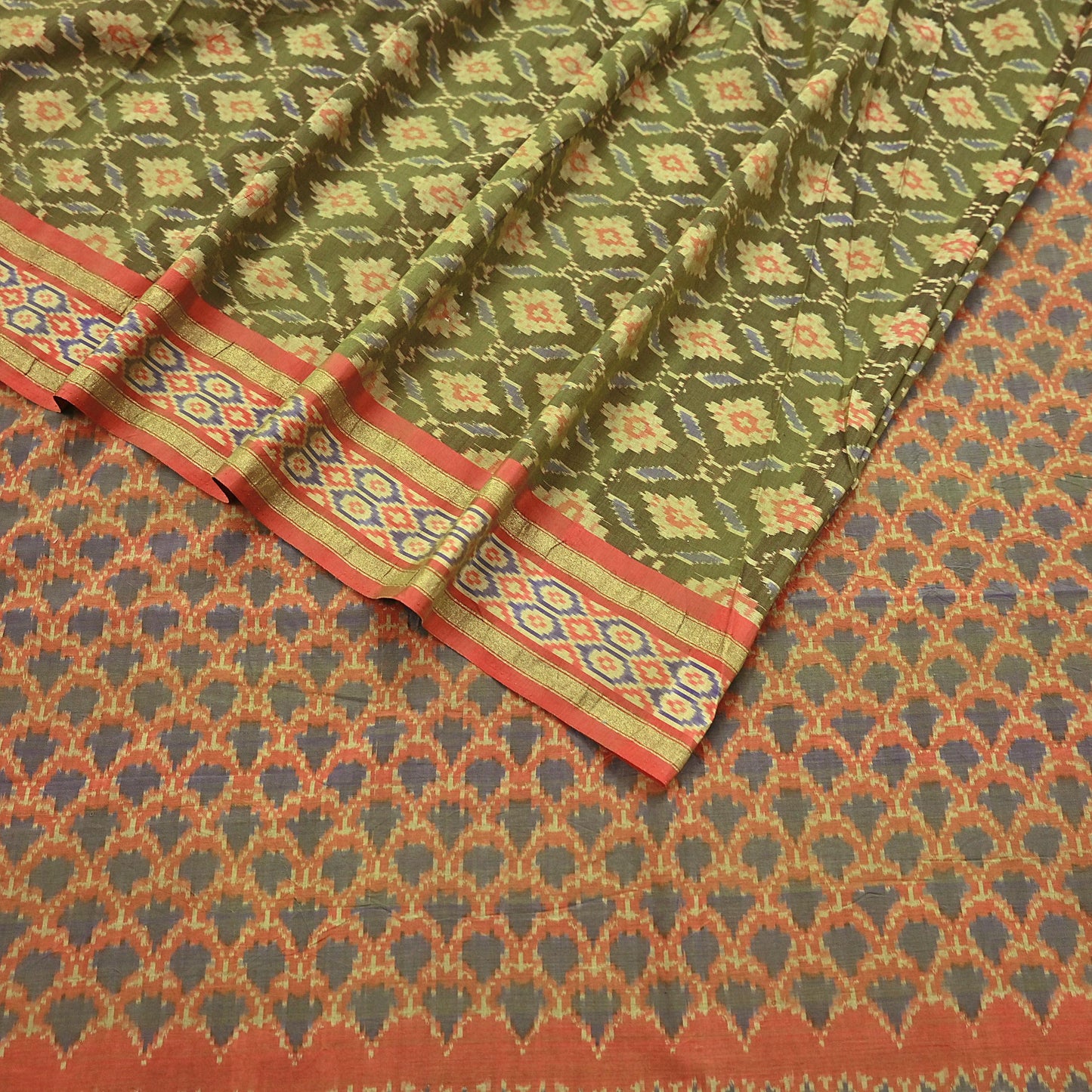Indian Vintage Saree Green & orange Pure Silk Hand Woven Ikat Sari Craft Fabric 5Yard Dress Making Ethnic Premium Saree Quilting Crafting