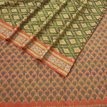 Indian Vintage Saree Green & orange Pure Silk Hand Woven Ikat Sari Craft Fabric 5Yard Dress Making Ethnic Premium Saree Quilting Crafting