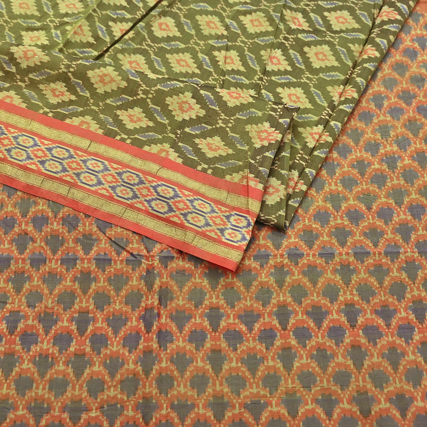Indian Vintage Saree Green & orange Pure Silk Hand Woven Ikat Sari Craft Fabric 5Yard Dress Making Ethnic Premium Saree Quilting Crafting