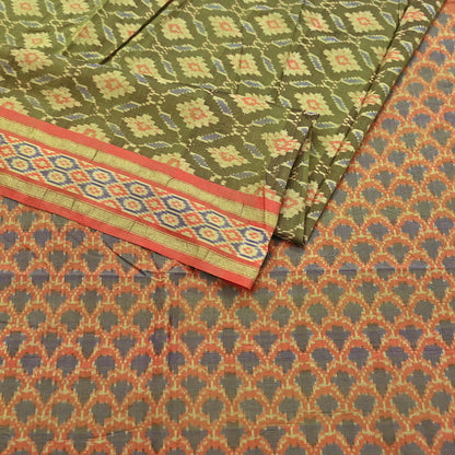 Indian Vintage Saree Green & orange Pure Silk Hand Woven Ikat Sari Craft Fabric 5Yard Dress Making Ethnic Premium Saree Quilting Crafting
